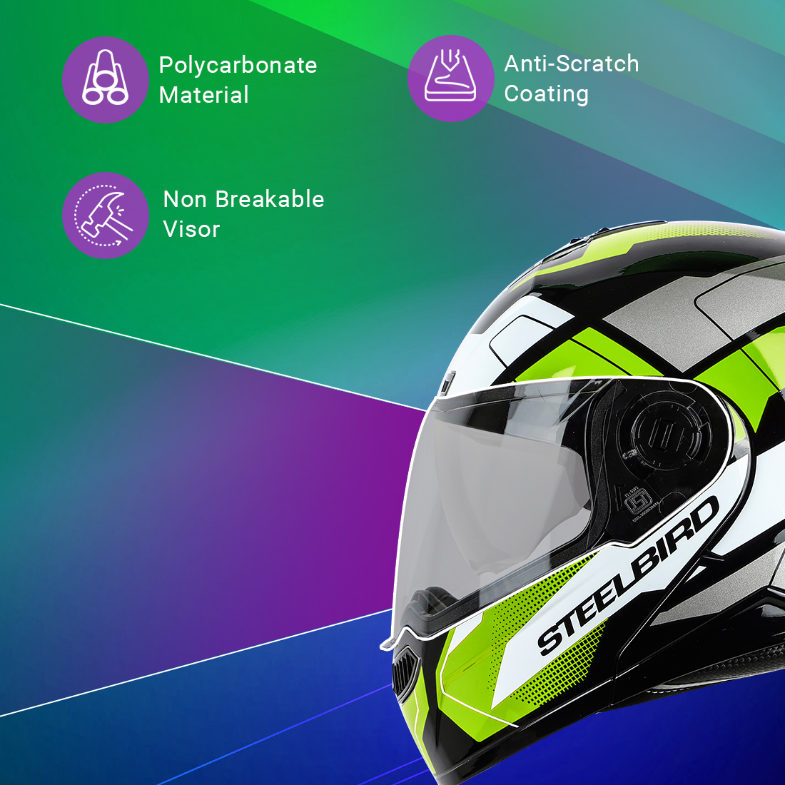 Steelbird SBA-7 Huracan ISI Certified Flip-Up Helmet For Men And Women With Inner Sun Shield (Glossy Black Neon)