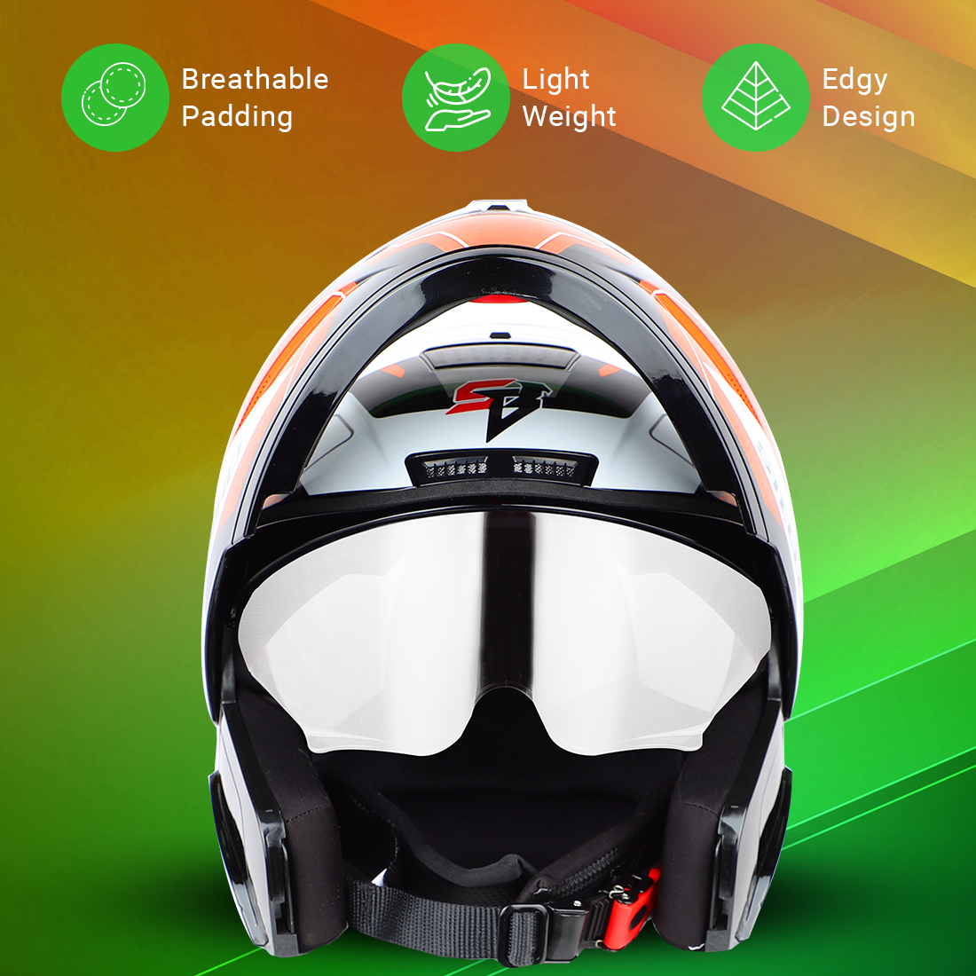 Steelbird SBA-7 Huracan ISI Certified Flip-Up Helmet For Men And Women With Inner Sun Shield (Glossy Black Orange)