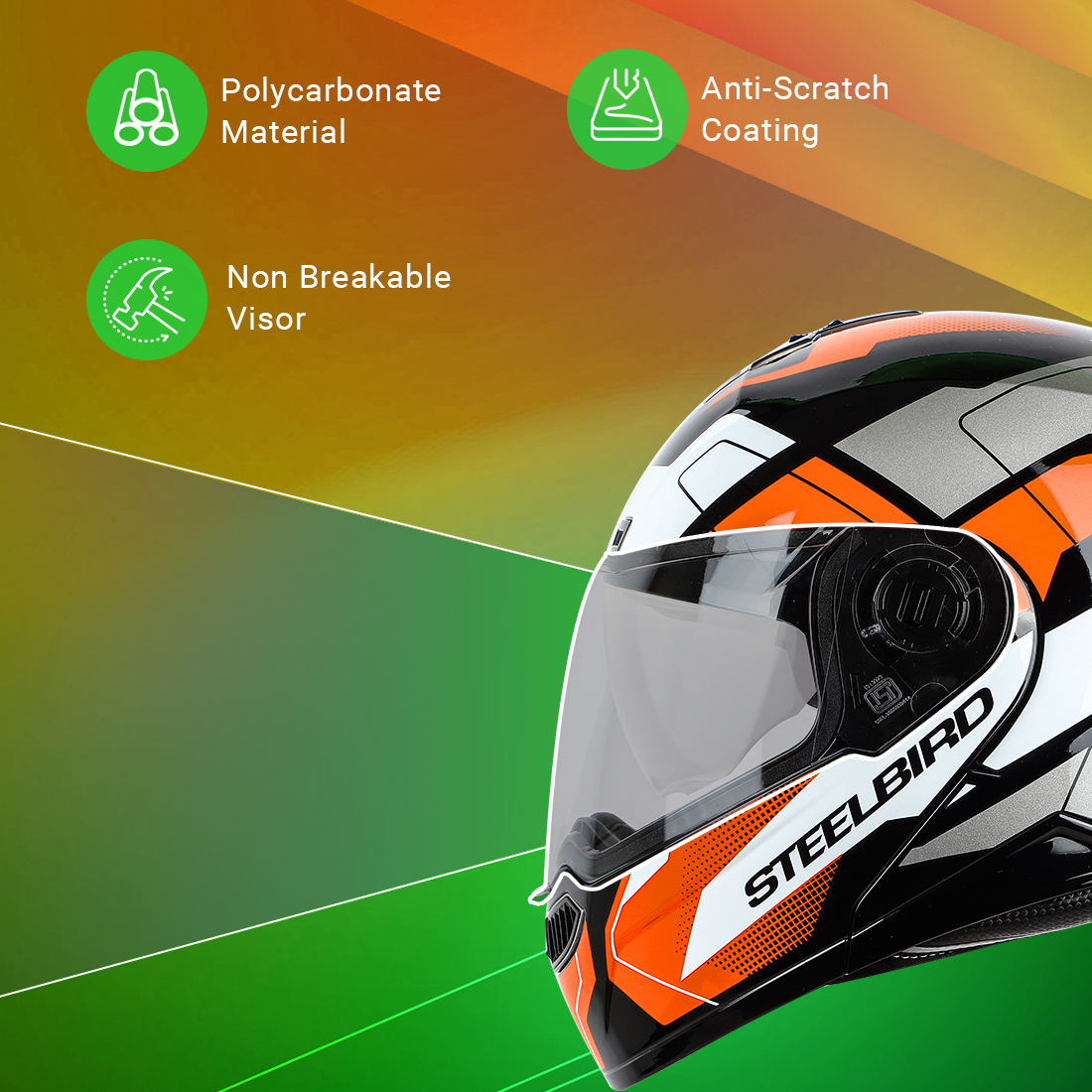 Steelbird SBA-7 Huracan ISI Certified Flip-Up Helmet For Men And Women With Inner Sun Shield (Glossy Black Orange)