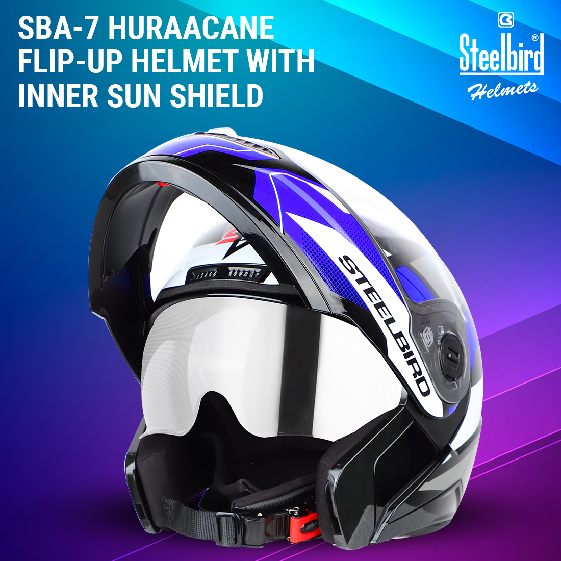 Steelbird SBA-7 Huracan ISI Certified Flip-Up Helmet For Men And Women With Inner Sun Shield (Matt Black Blue)