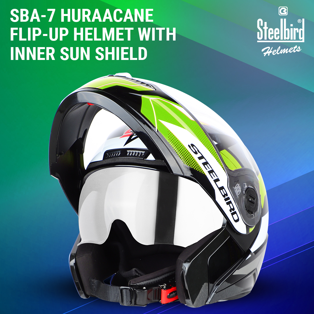 Steelbird SBA-7 Huracan ISI Certified Flip-Up Helmet For Men And Women With Inner Sun Shield (Matt Black Neon)