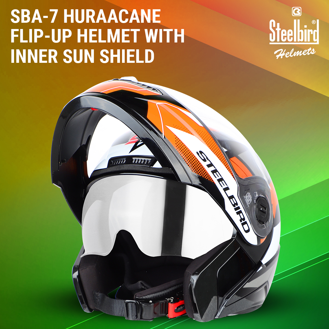 Steelbird SBA-7 Huracan ISI Certified Flip-Up Helmet For Men And Women With Inner Sun Shield (Matt Black Orange)