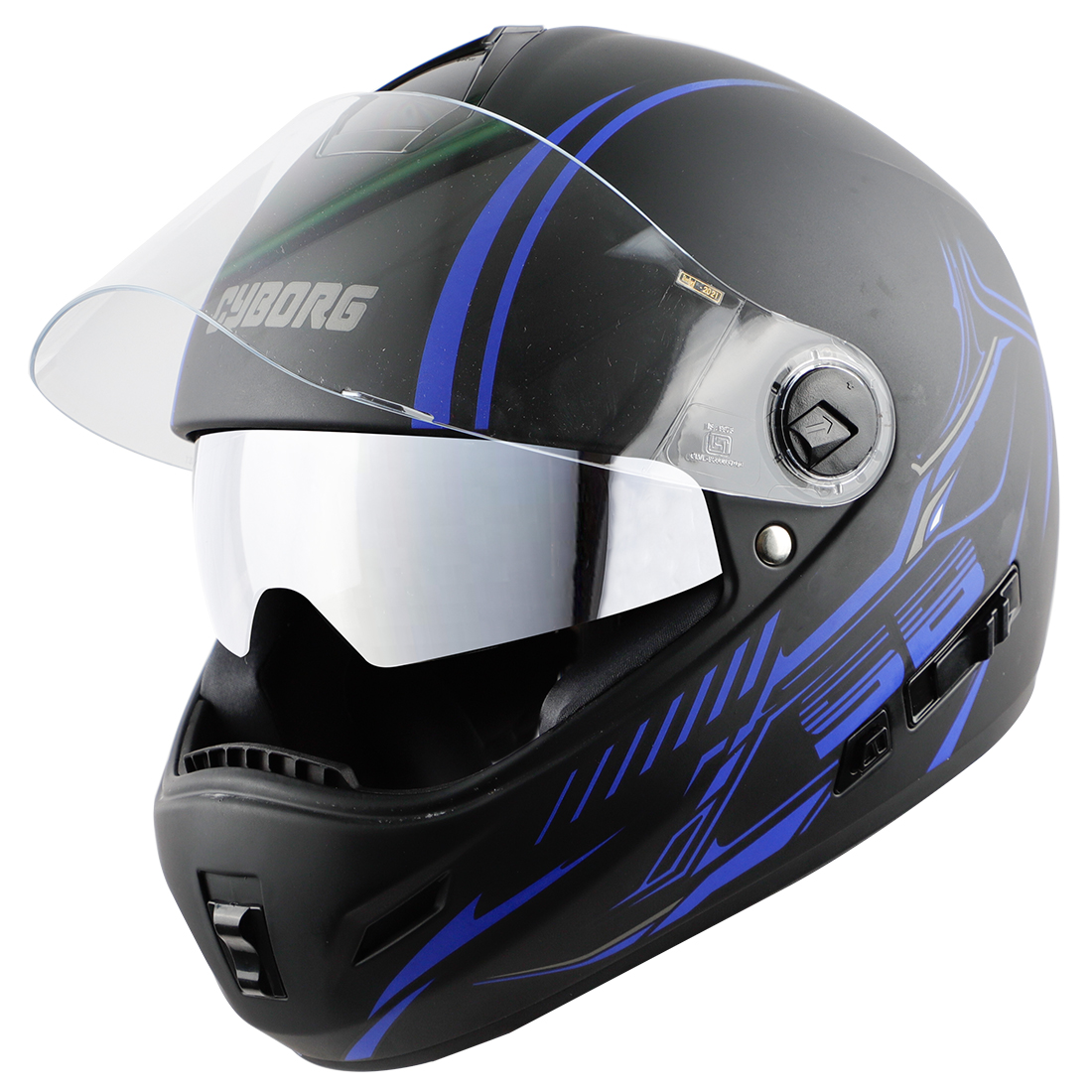Steelbird Cyborg Cipher Full Face Helmet with Chrome Silver Sun Shield, ISI Certified Helmet (Matt Black Blue)