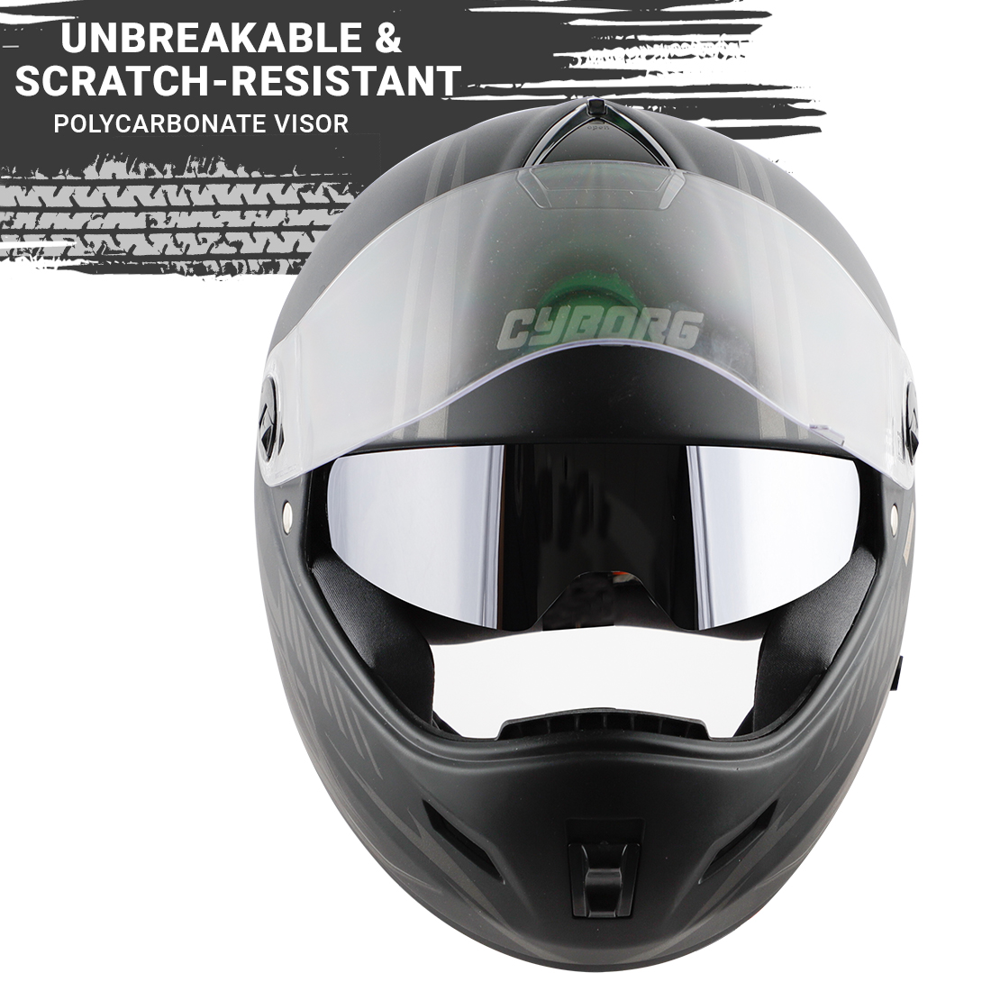 Steelbird Cyborg Cipher Full Face Helmet With Chrome Silver Sun Shield, ISI Certified Helmet (Matt Black Grey)
