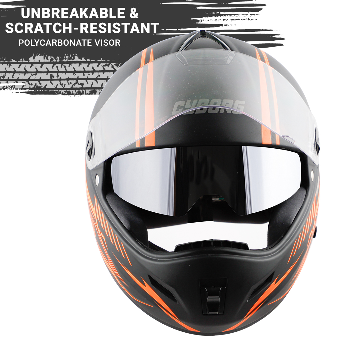 Steelbird Cyborg Cipher Full Face Helmet With Chrome Silver Sun Shield, ISI Certified Helmet (Matt Black Orange)