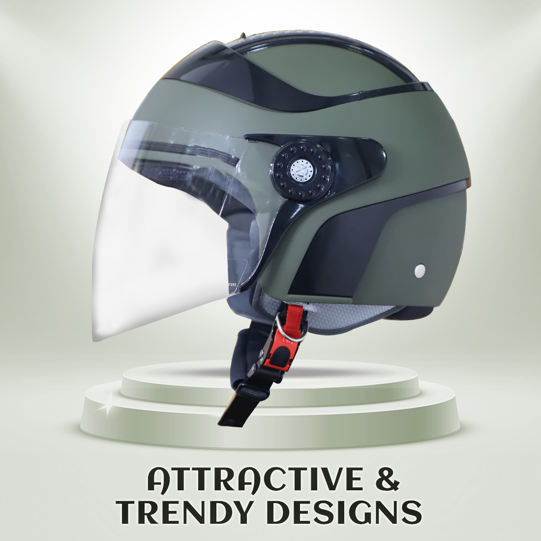 Steelbird SB-29 AER ISI Certified Open Face Helmet For Men And Women (Matt Battle Green With Clear Visor)