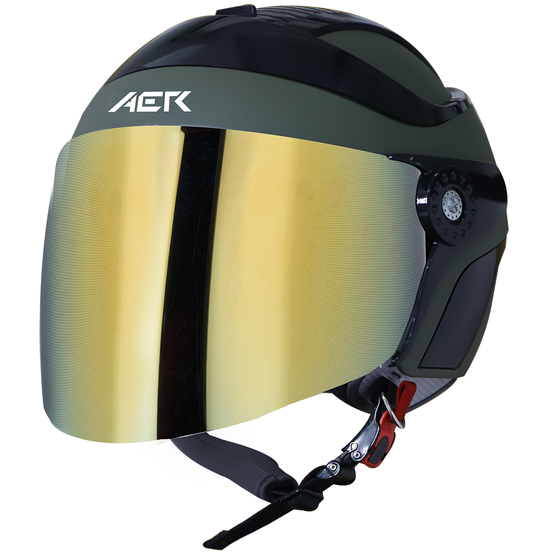 Steelbird SB-29 AER ISI Certified Open Face Helmet For Men And Women (Matt Battle Green Black With Chrome Gold Visor)