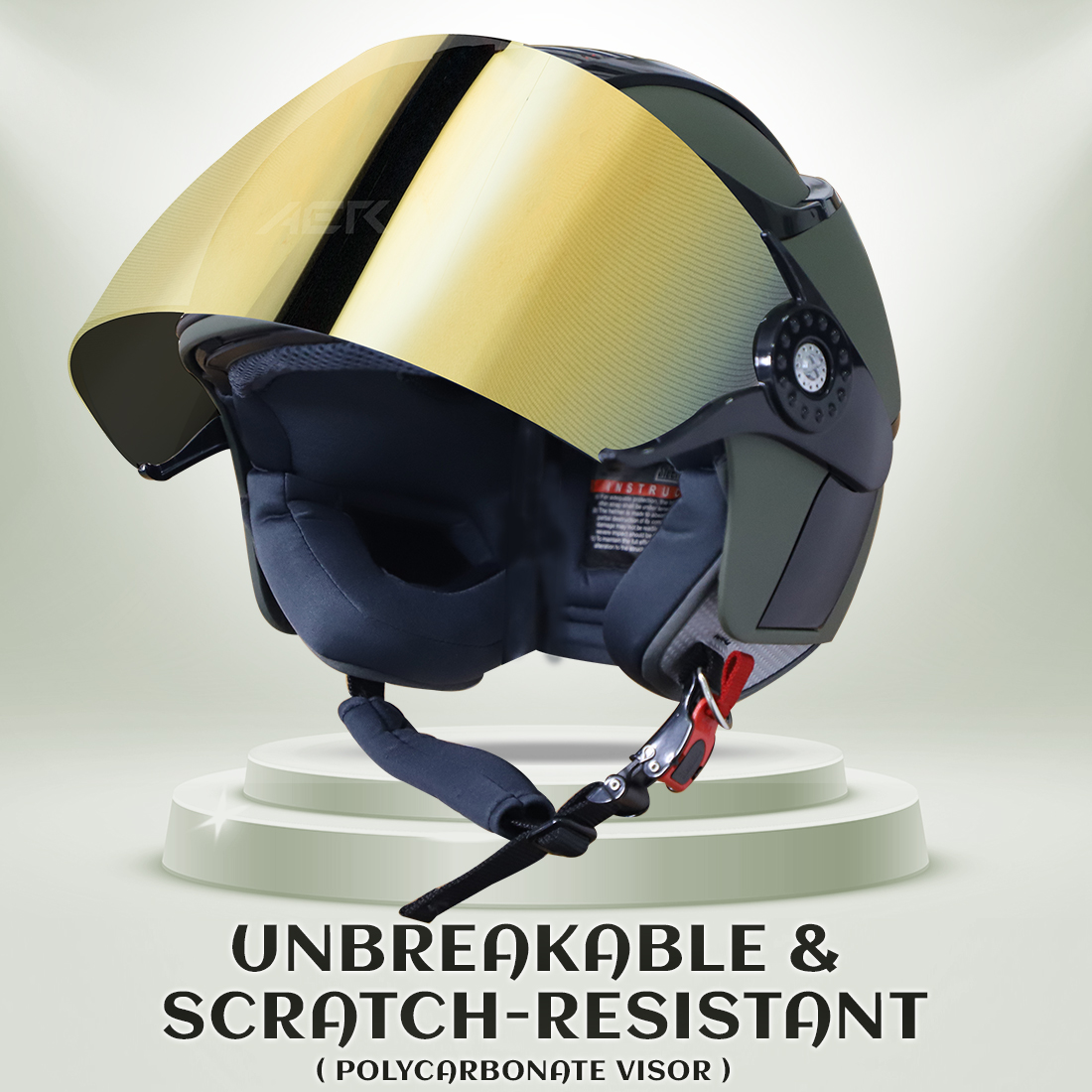 Steelbird SB-29 AER ISI Certified Open Face Helmet For Men And Women (Matt Battle Green Black With Chrome Gold Visor)