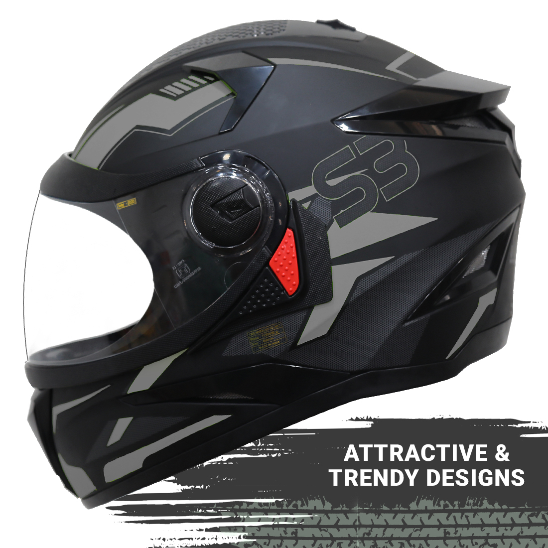 Steelbird SBH-17 Terminator ISI Certified Full Face Graphic Helmet (Matt Black Grey With Clear Visor)