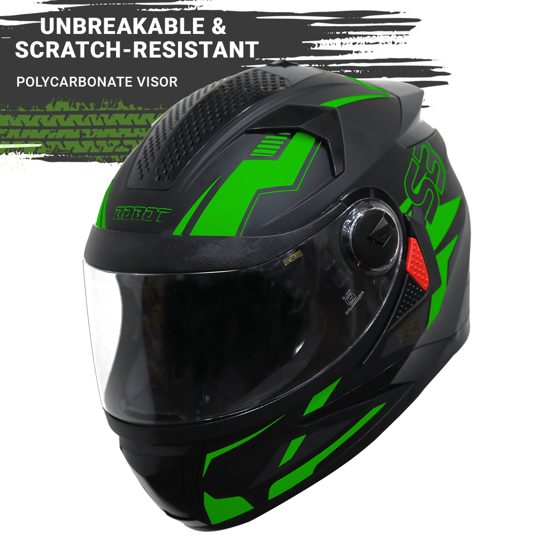 Steelbird SBH-17 Terminator ISI Certified Full Face Graphic Helmet (Matt Black Fluo Green With Clear Visor)
