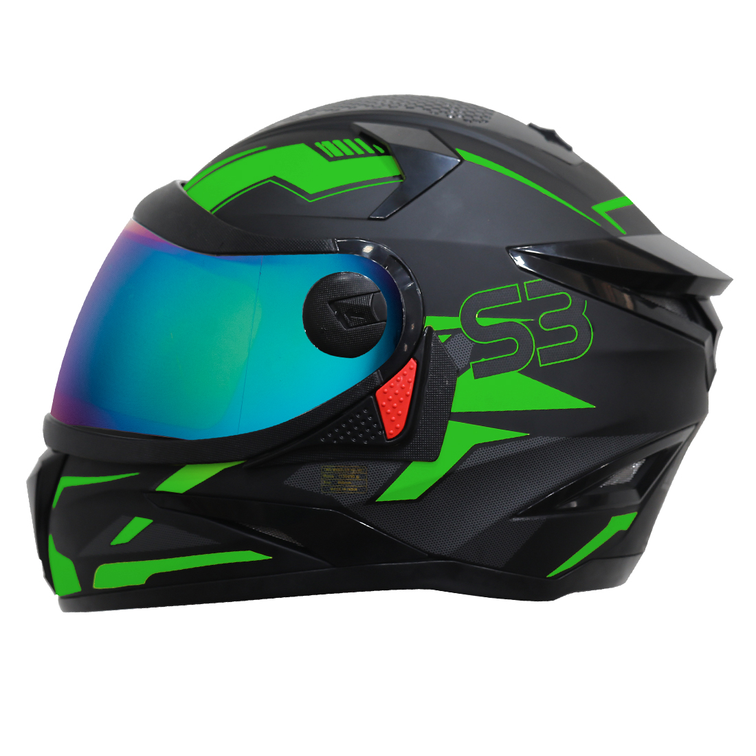 Steelbird SBH-17 Terminator ISI Certified Full Face Graphic Helmet (Matt Black Fluo Green With Chrome Rainbow Visor)