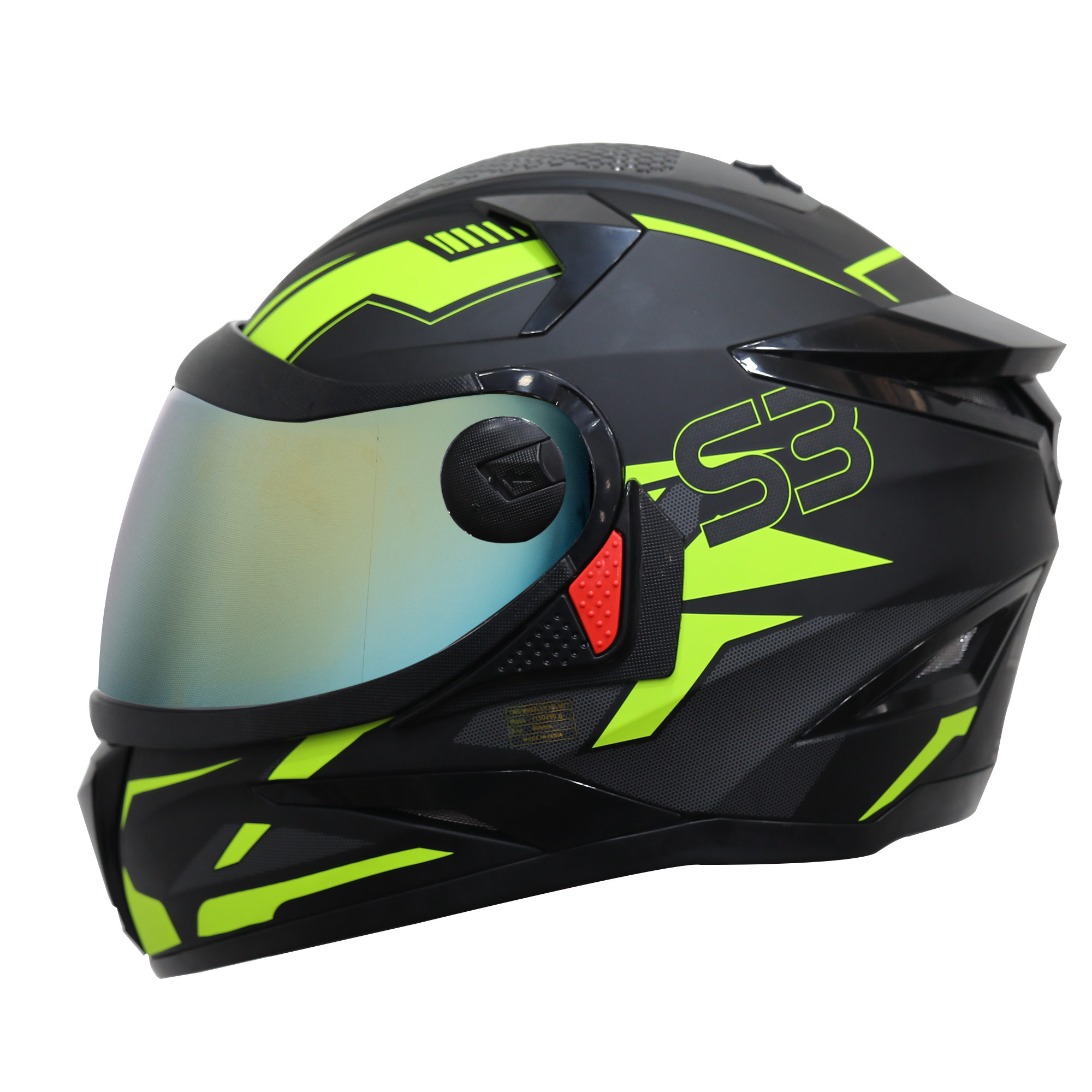 Steelbird SBH-17 Terminator ISI Certified Full Face Graphic Helmet (Matt Black Fluo Neon With Chrome Gold Visor)