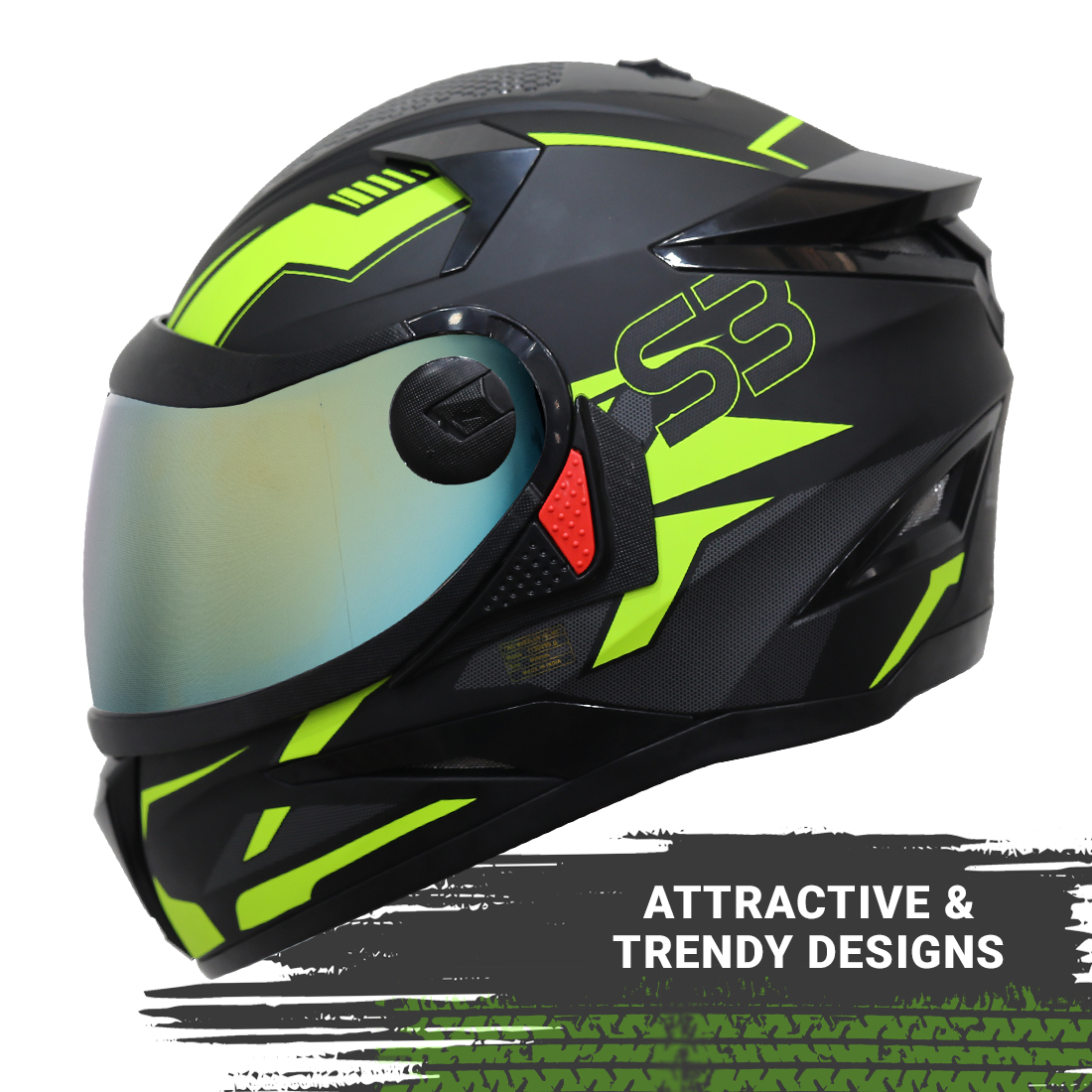 Steelbird SBH-17 Terminator ISI Certified Full Face Graphic Helmet (Matt Black Fluo Neon With Chrome Gold Visor)