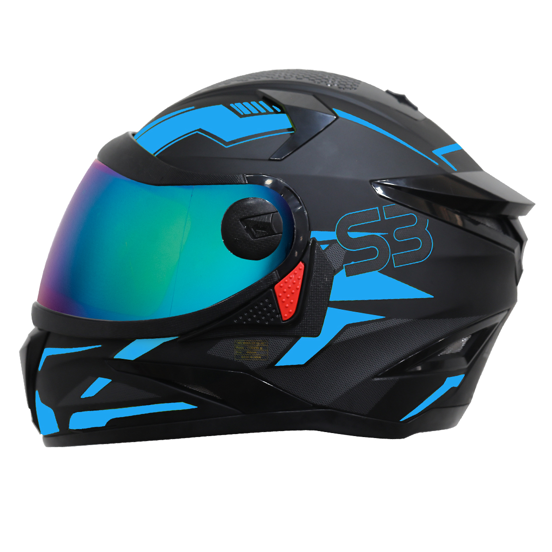 Steelbird SBH-17 Terminator ISI Certified Full Face Graphic Helmet (Matt Black Fluo Blue With Chrome Rainbow Visor)
