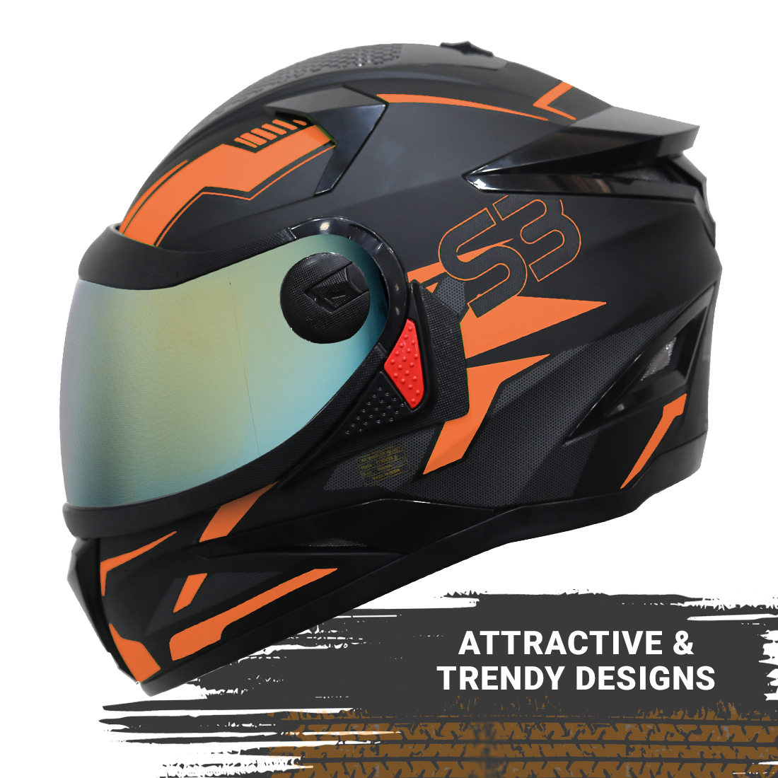 Steelbird SBH-17 Terminator ISI Certified Full Face Graphic Helmet (Matt Black Fluo Light Orange With Chrome Gold Visor)
