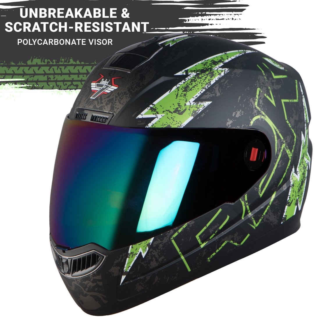 Steelbird SBA-1 R2K Live Full Face Helmet In Matt Finish (Matt Black Green With Chrome Rainbow Visor)