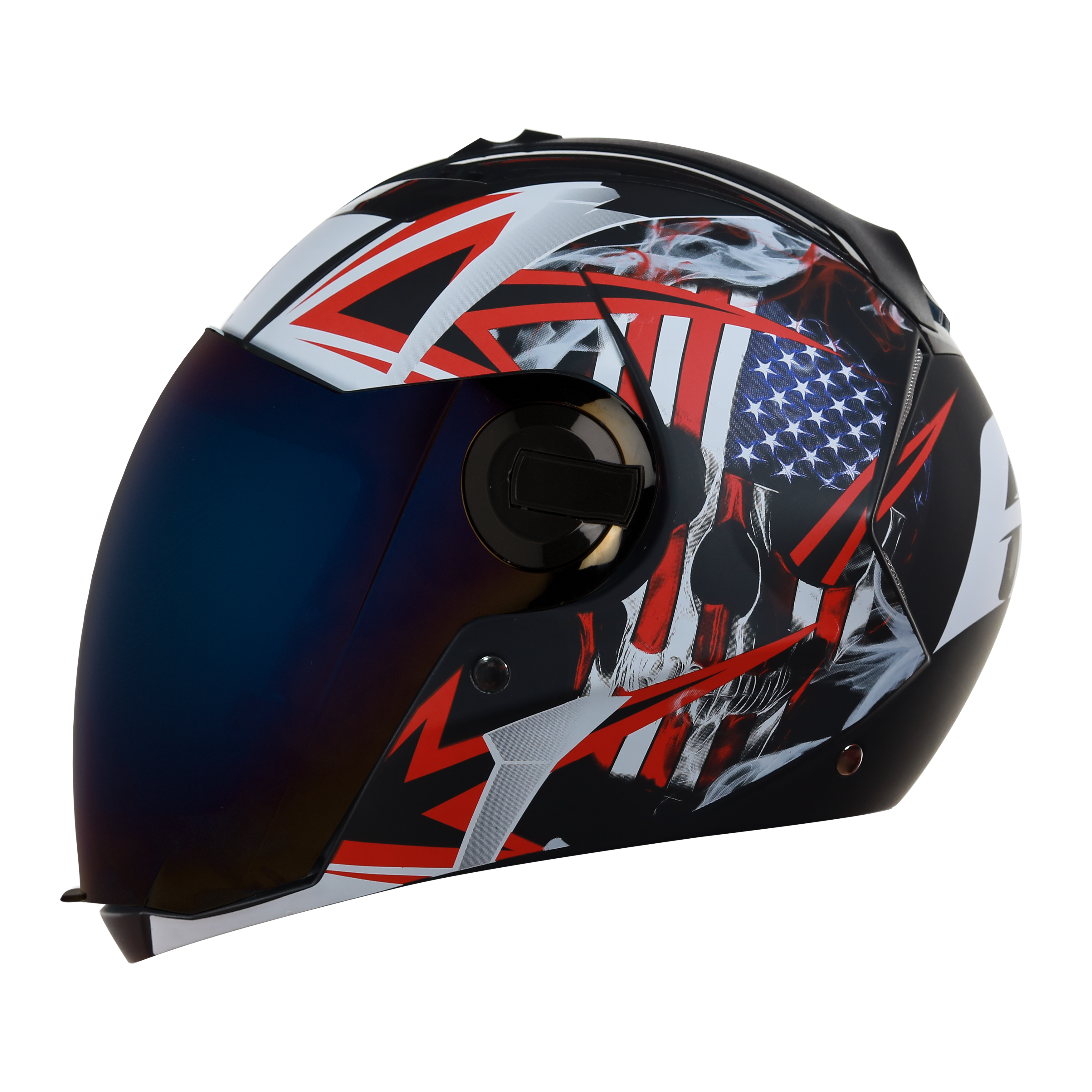 SBA-2 Skull Flag Mat Black With Red ( Fitted With Clear Visor  Extra Blue Chrome Visor Free)