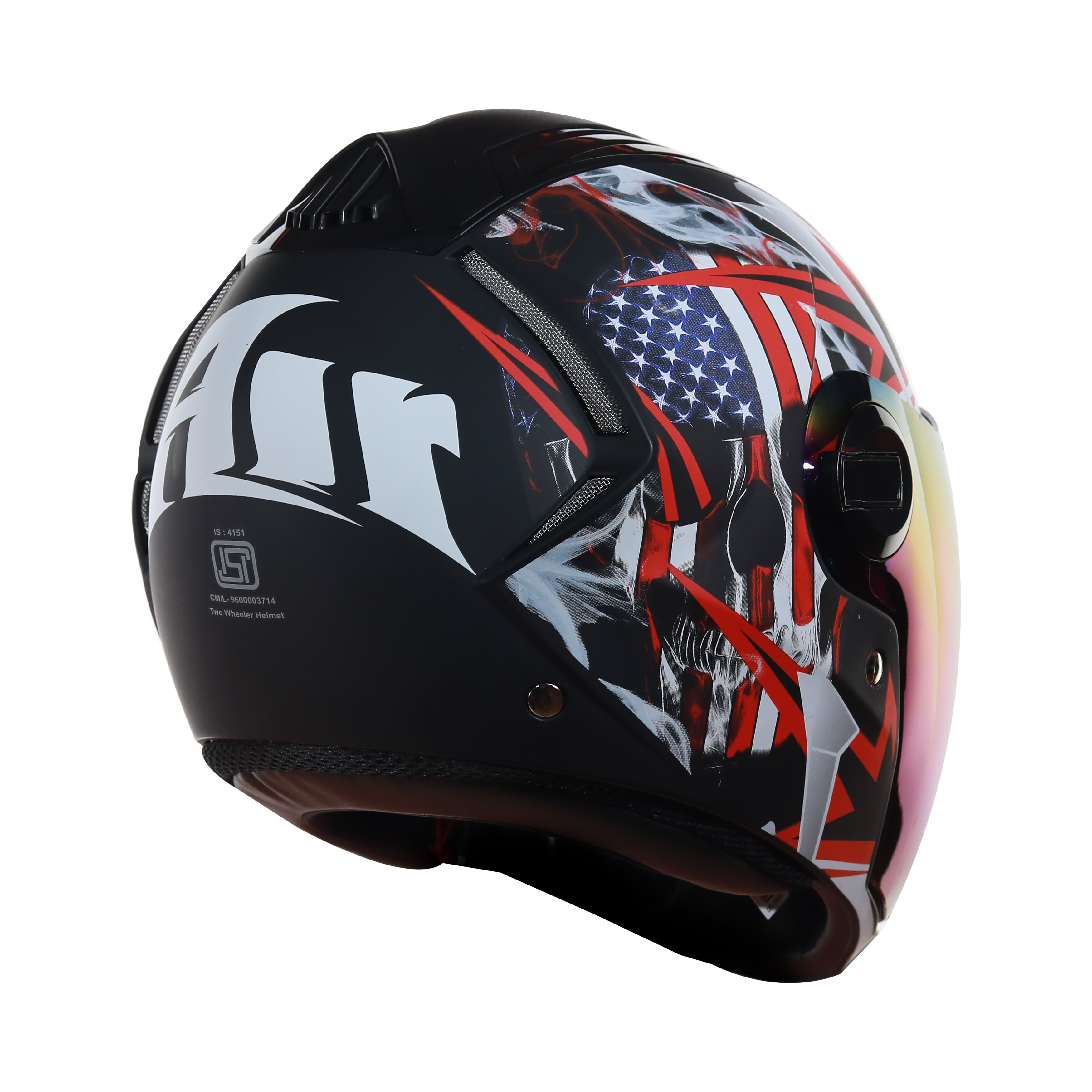 SBA-2 Skull Flag Mat Black With Red ( Fitted With Clear Visor  Extra Blue Chrome Visor Free)