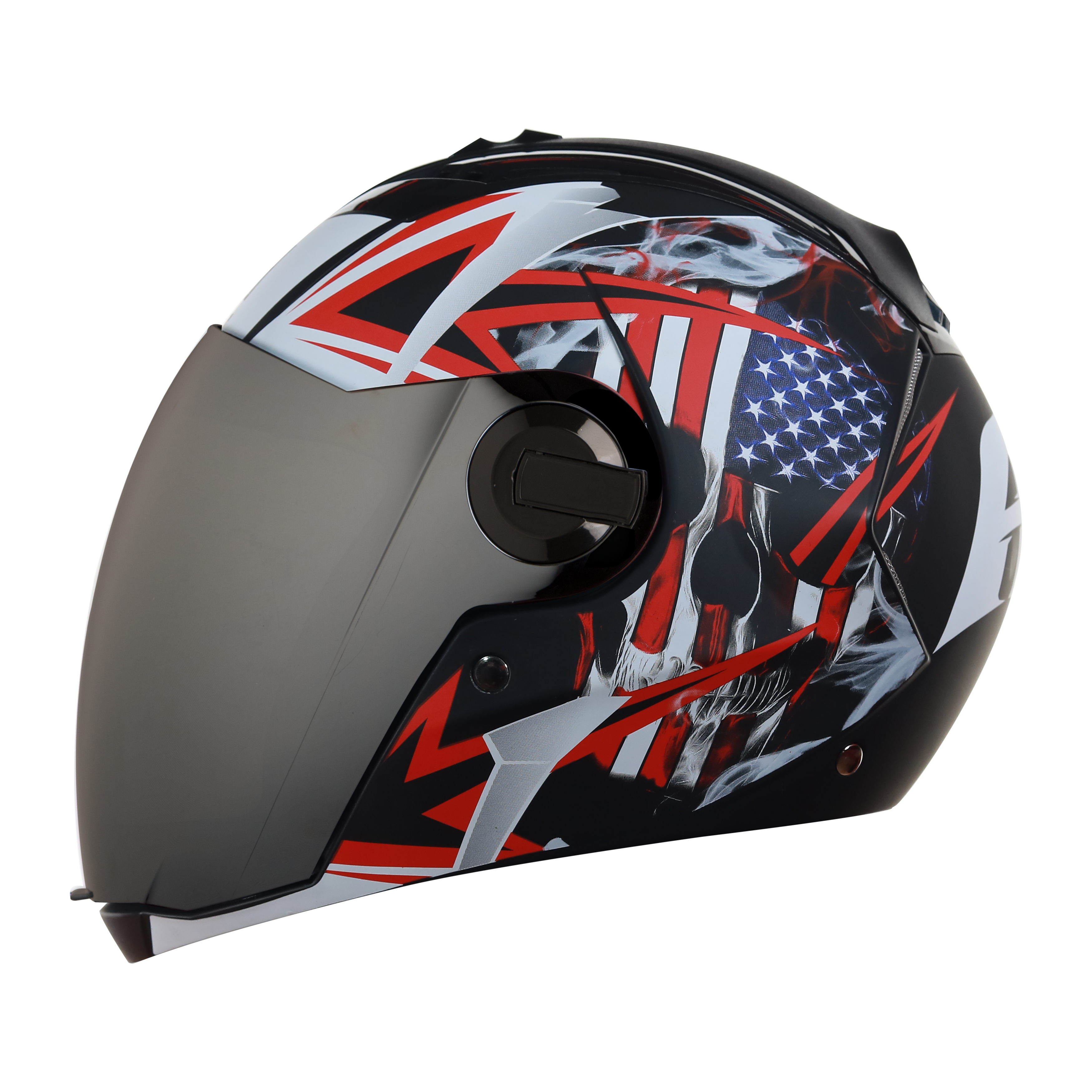 SBA-2 Skull Flag Mat Black With Red( Fitted With Clear Visor  Extra Silver Chrome Visor Free)