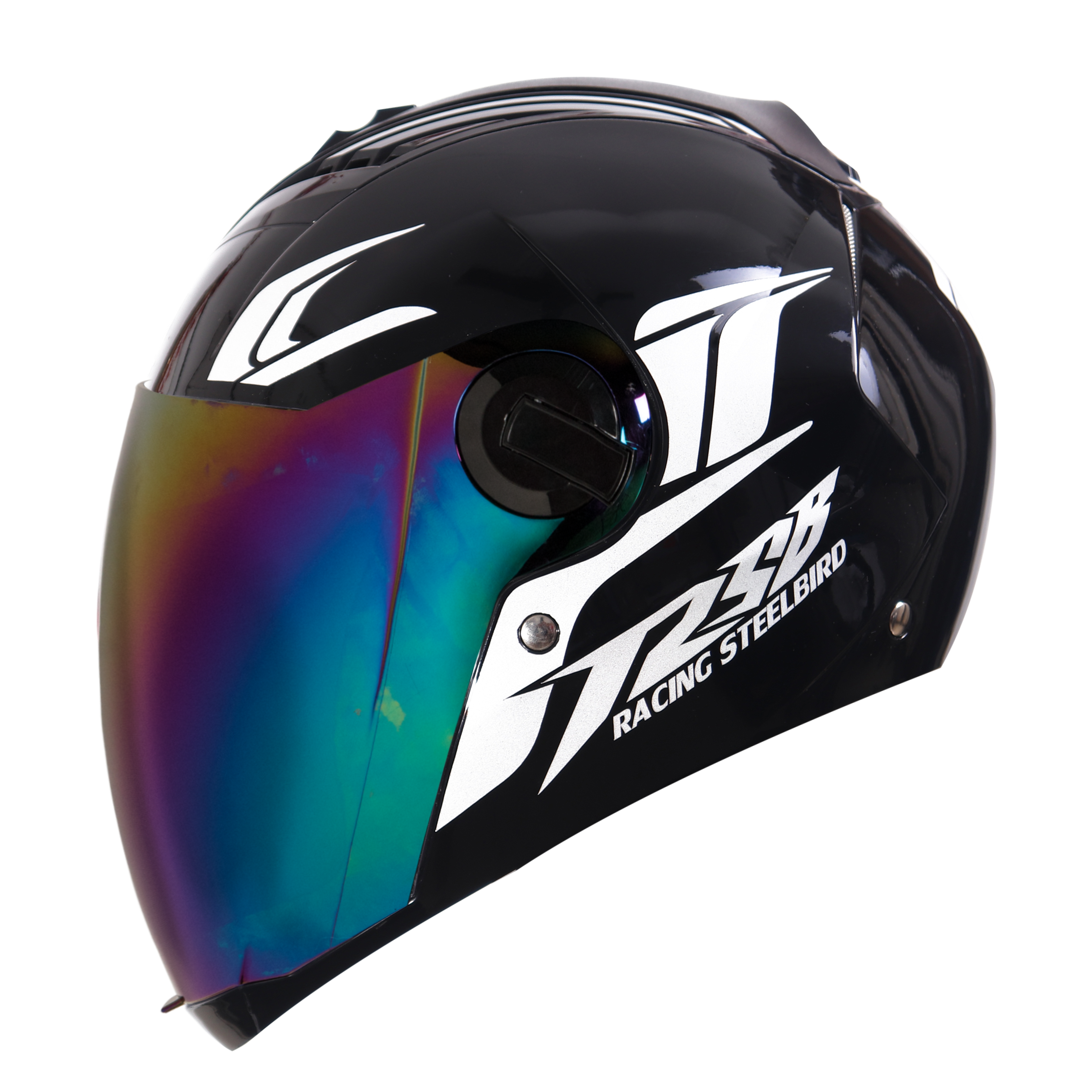 SBA-2 Moon Glossy Black With White (Fitted With Clear Visor Extra Chrome Rainbow Visor Free)