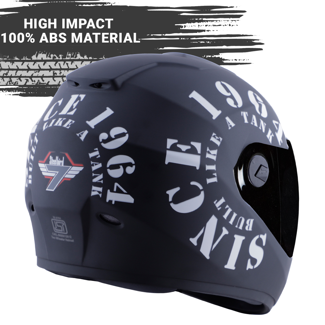 Steelbird SBH-11 Zoom Tank Full Face ISI Certified Helmet (Matt Black White With Smoke Visor)