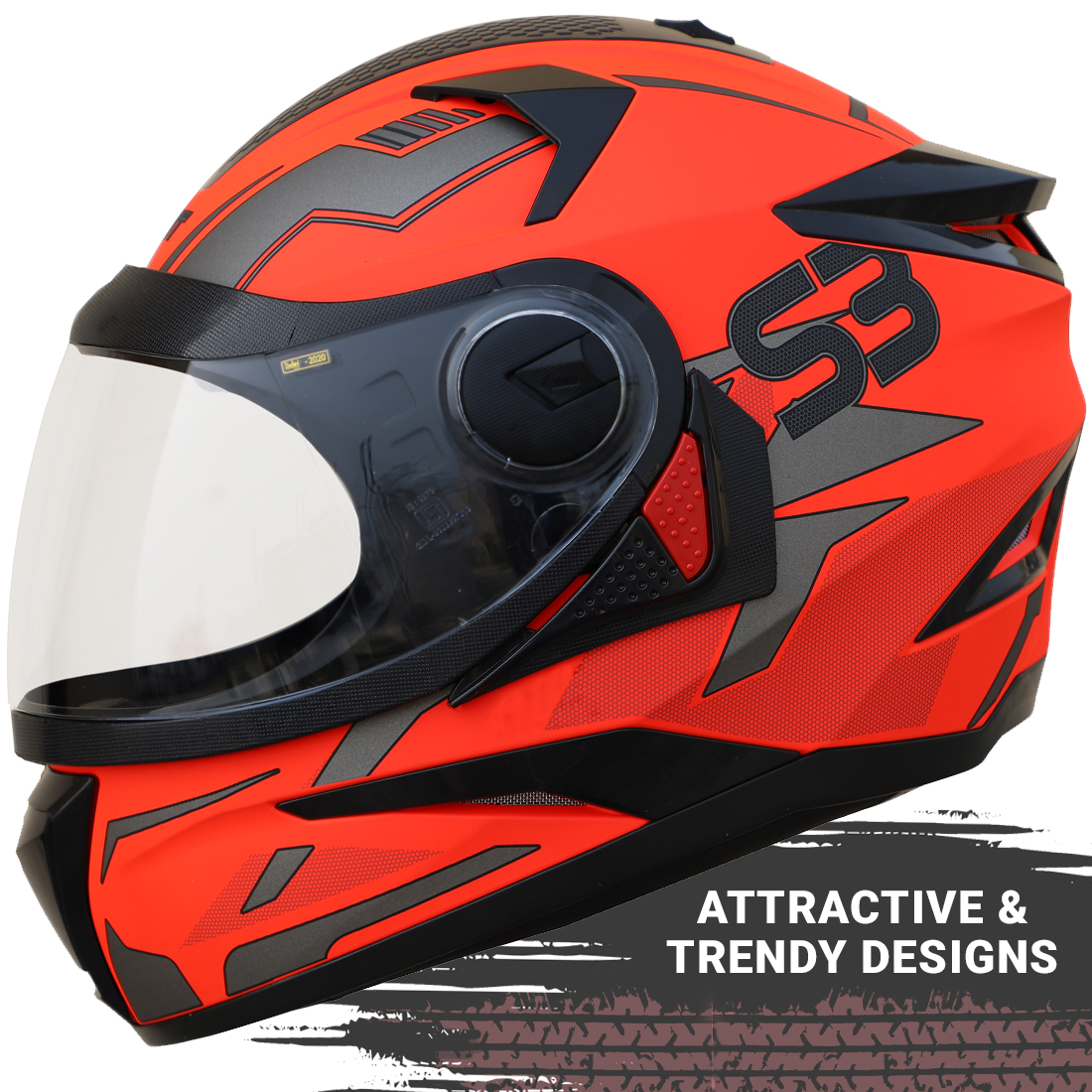 Steelbird SBH-17 Terminator ISI Certified Full Face Graphic Helmet (Glossy Fluo Red Grey With Clear Visor)