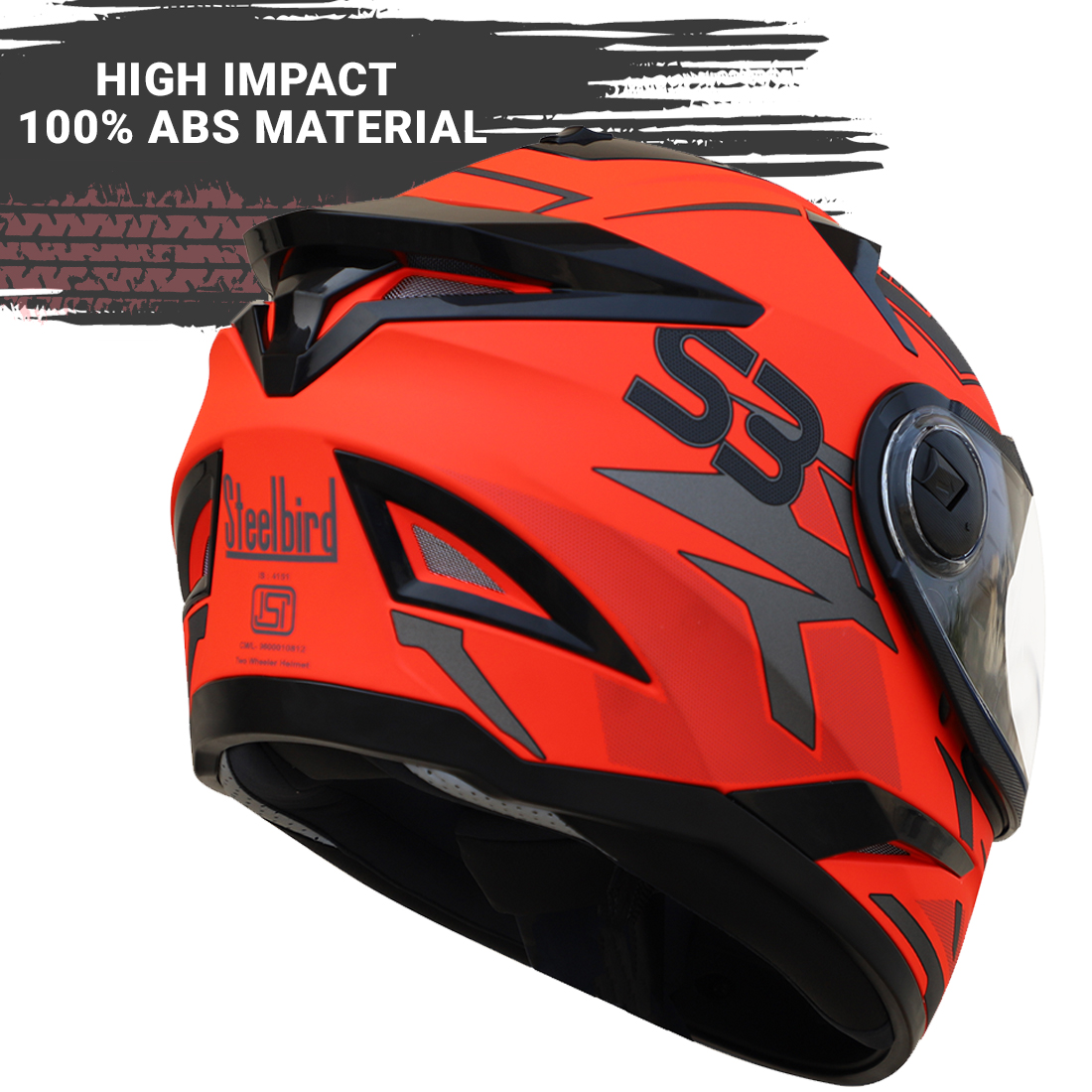 Steelbird SBH-17 Terminator ISI Certified Full Face Graphic Helmet (Glossy Fluo Red Grey With Clear Visor)