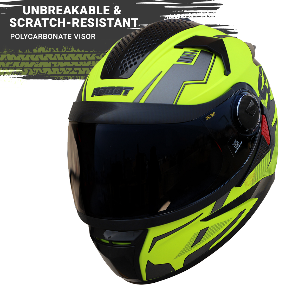 Steelbird SBH-17 Terminator ISI Certified Full Face Graphic Helmet (Glossy Fluo Neon Grey With Smoke Visor)