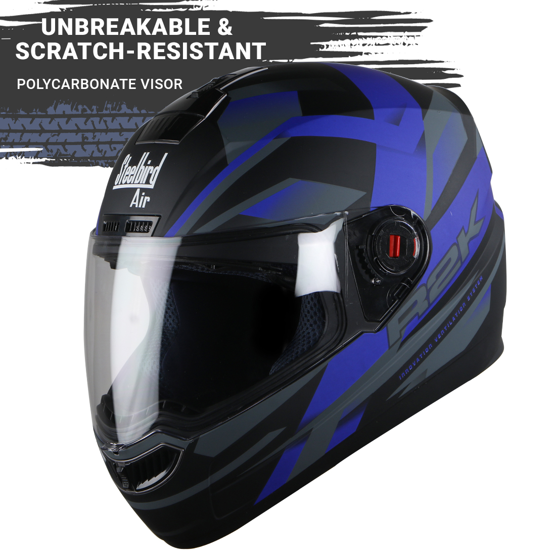 Steelbird SBA-1 R2K ISI Certified Full Face Graphic Helmet (Matt Black Blue With Clear Visor)