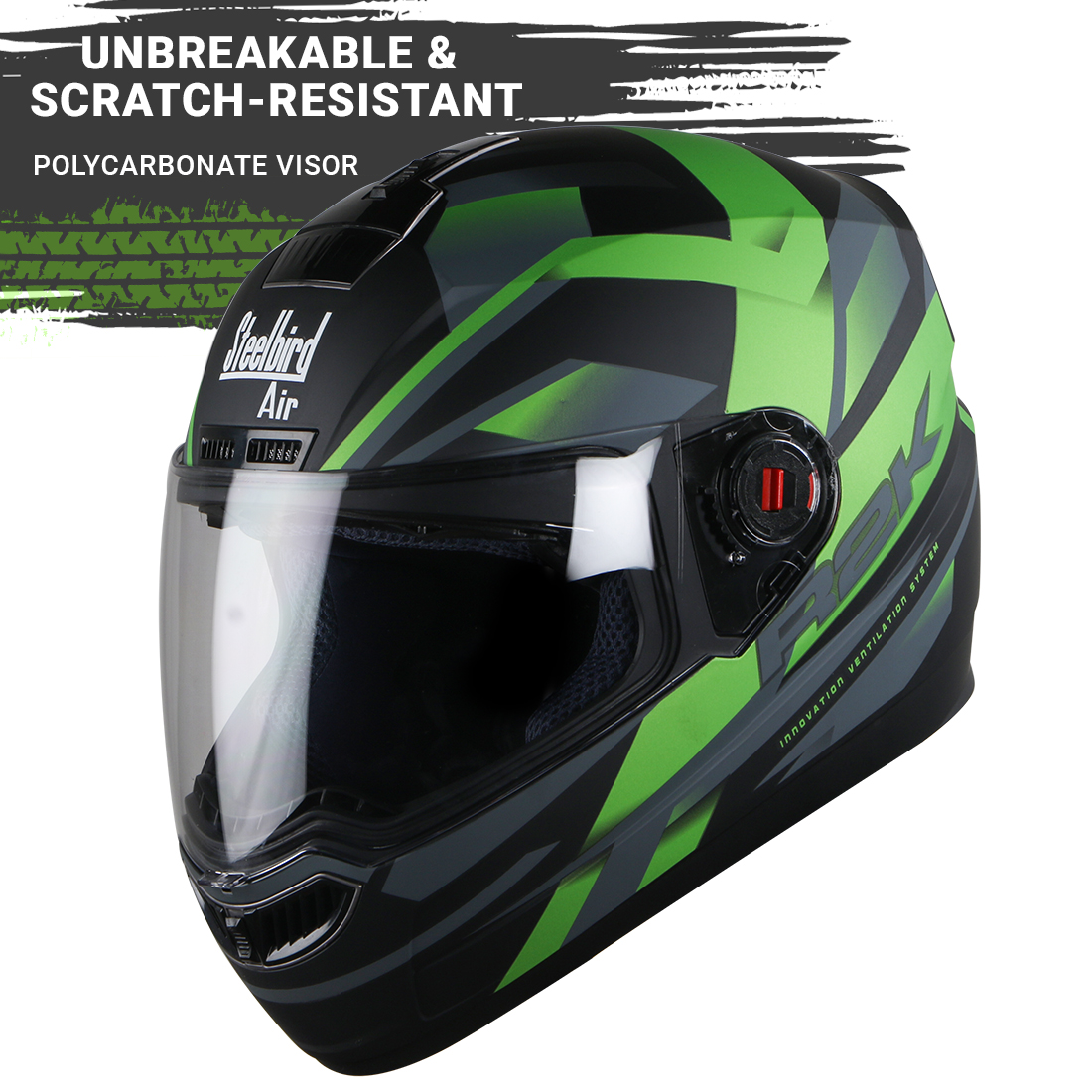 Steelbird SBA-1 R2K ISI Certified Full Face Graphic Helmet (Matt Black Green With Clear Visor)