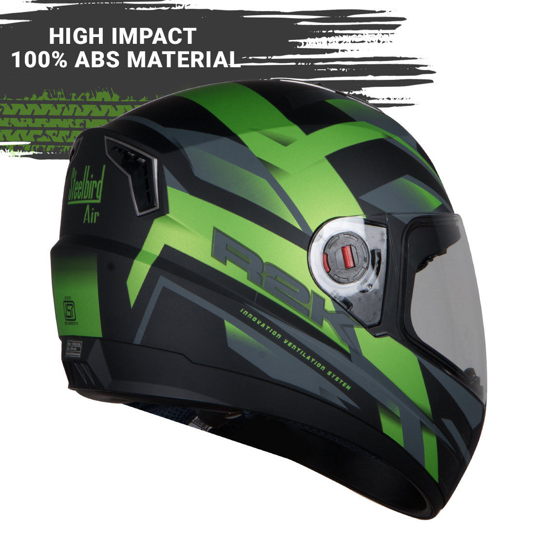 Steelbird SBA-1 R2K ISI Certified Full Face Graphic Helmet (Matt Black Green With Clear Visor)