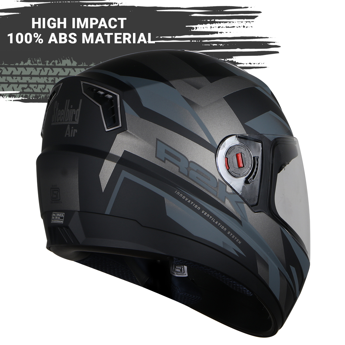 Steelbird SBA-1 R2K ISI Certified Full Face Graphic Helmet (Matt Black Grey With Clear Visor)