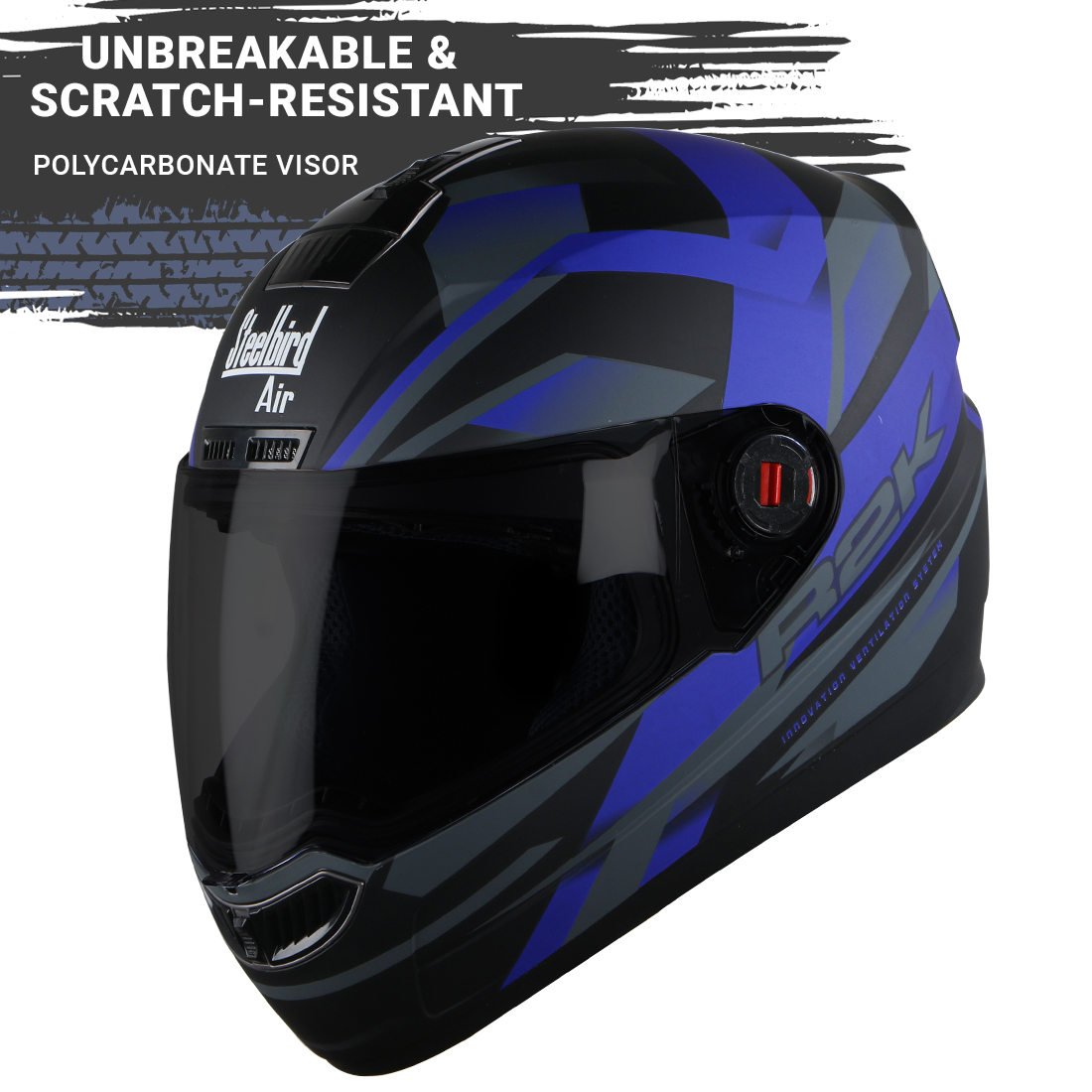 Steelbird SBA-1 R2K ISI Certified Full Face Graphic Helmet (Matt Black Blue With Smoke Visor)