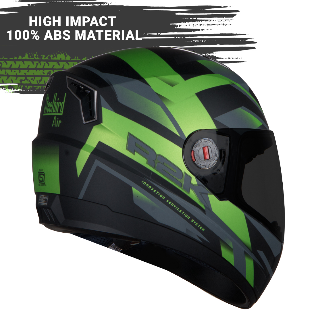 Steelbird SBA-1 R2K ISI Certified Full Face Graphic Helmet (Matt Black Green With Smoke Visor)