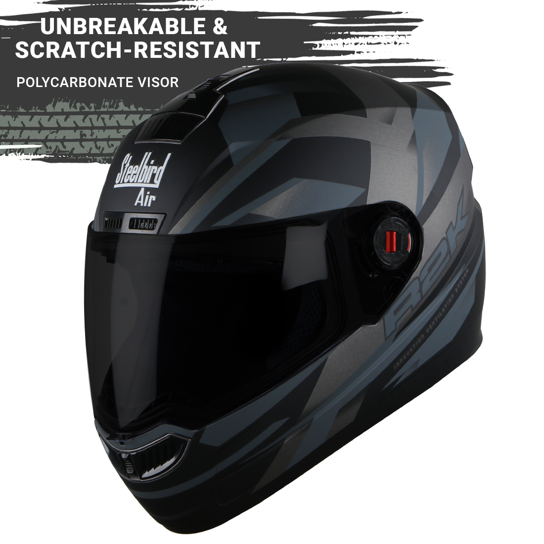 Steelbird SBA-1 R2K ISI Certified Full Face Graphic Helmet (Matt Black Grey With Smoke Visor)