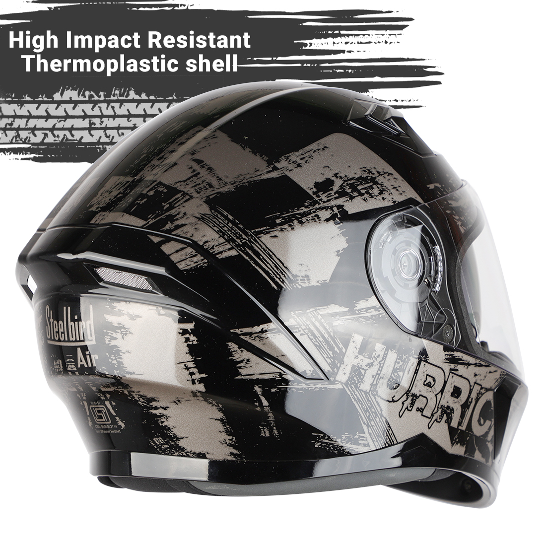 Steelbird SBA-21 Hurricane ISI Certified Full Face Graphic Helmet With Inner Sun Shield (Glossy Black Grey)