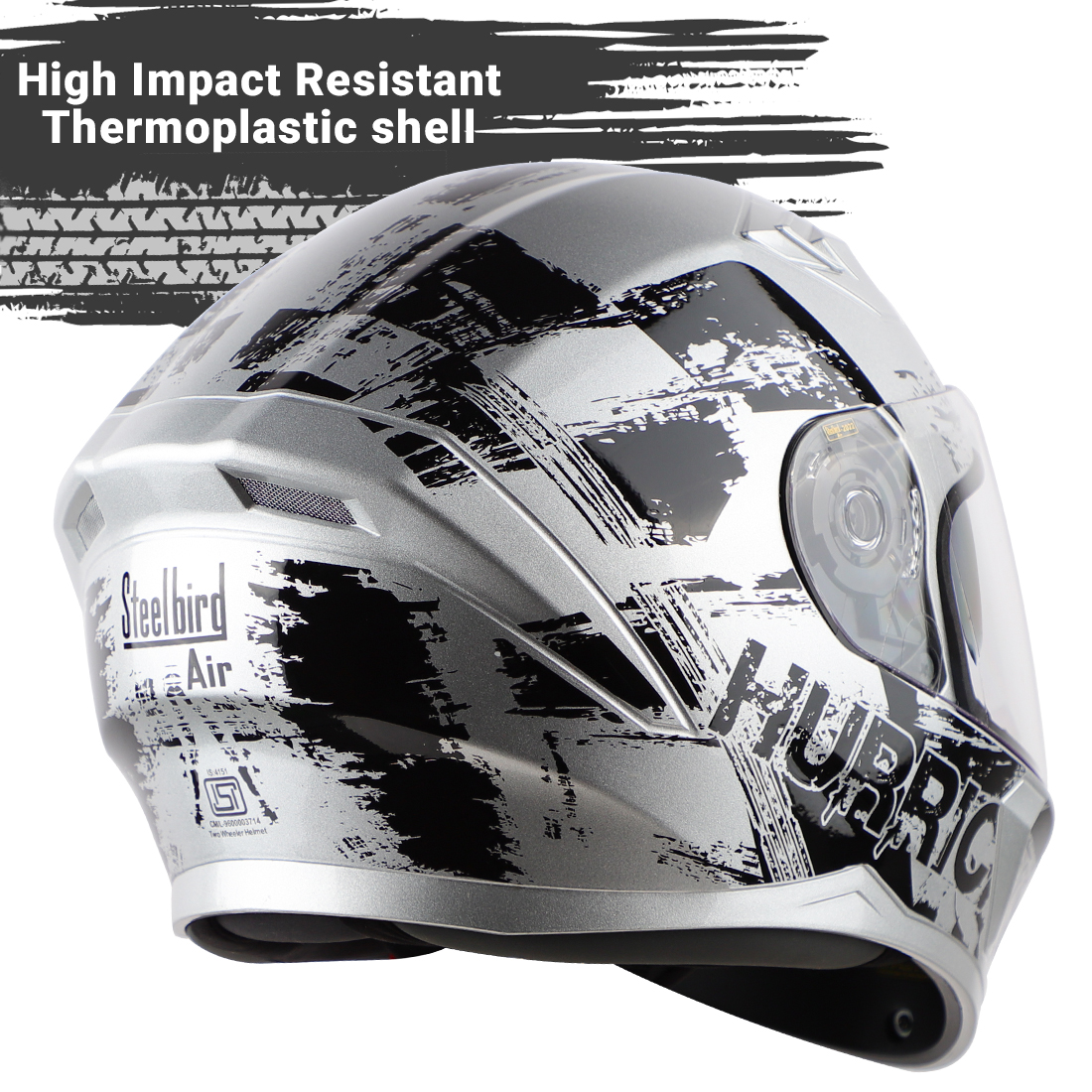Steelbird SBA-21 Hurricane ISI Certified Full Face Graphic Helmet With Inner Sun Shield (Glossy Silver Black)