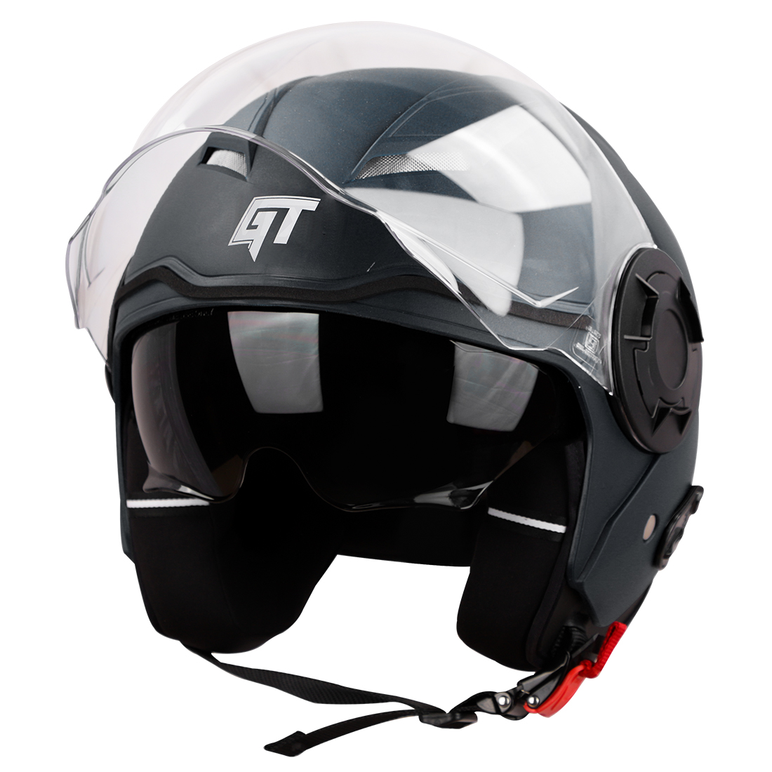 Steelbird GT Dashing ISI Certified Open Face Helmet for Men and Women with Inner Sun Shield ( Dual Visor Mechanism ) (Dashing Black)