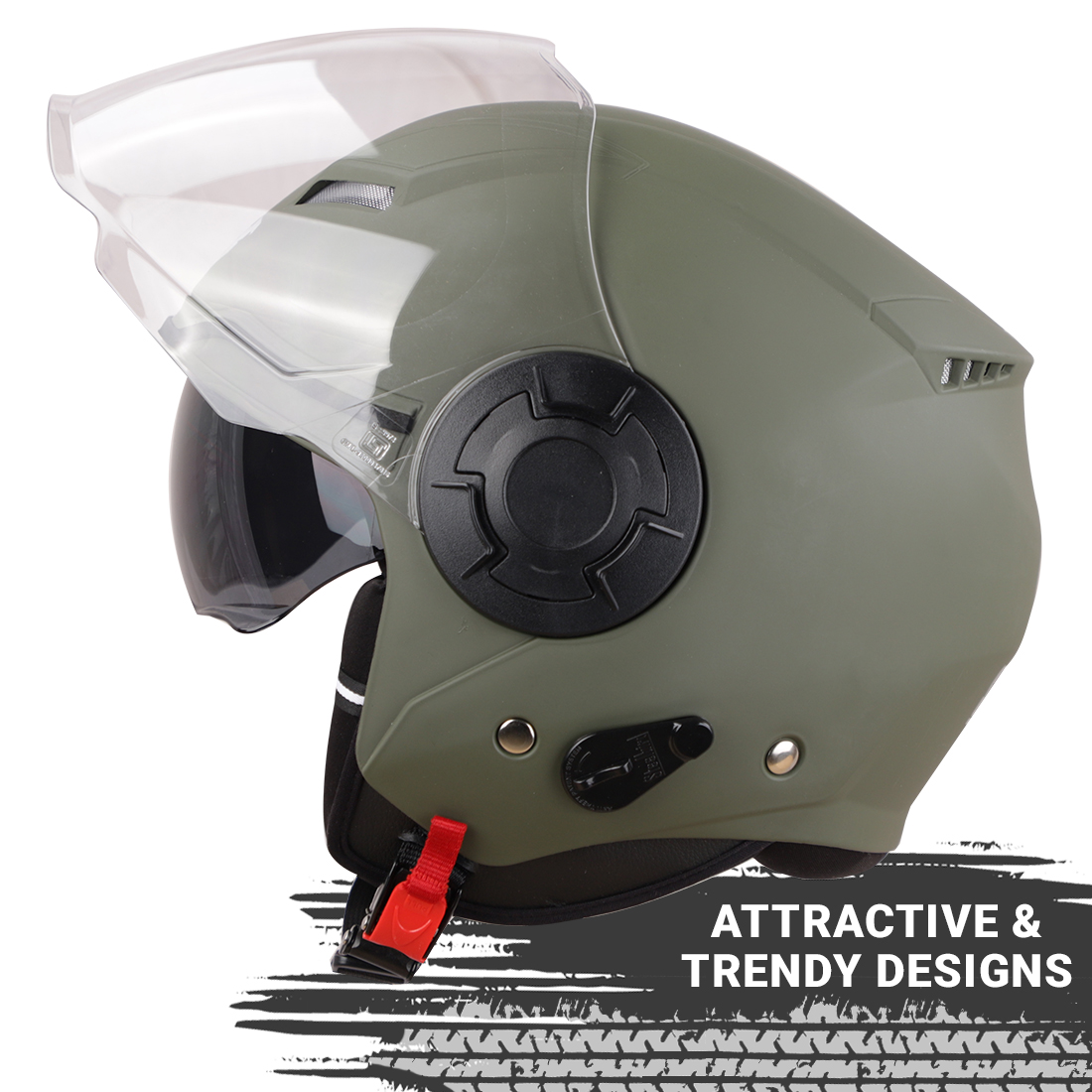 Steelbird GT ISI Certified Open Face Helmet For Men And Women With Inner Sun Shield ( Dual Visor Mechanism ) (Matt Battle Green)