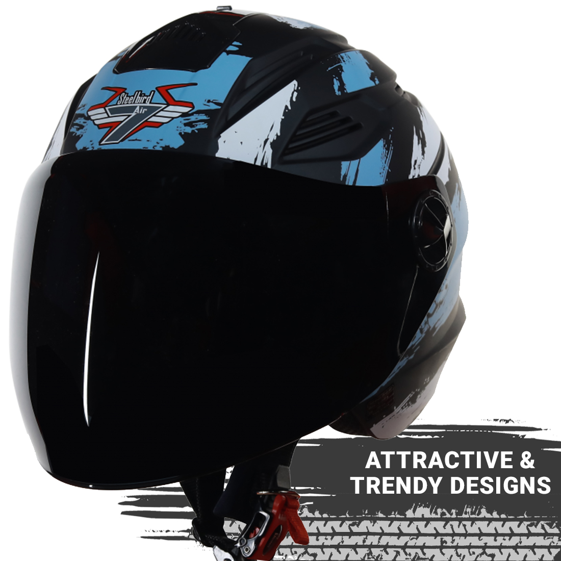 Steelbird SBA-6 7Wings Stroke Open Face Helmet In Matt Finish (Matt Black Light Blue)