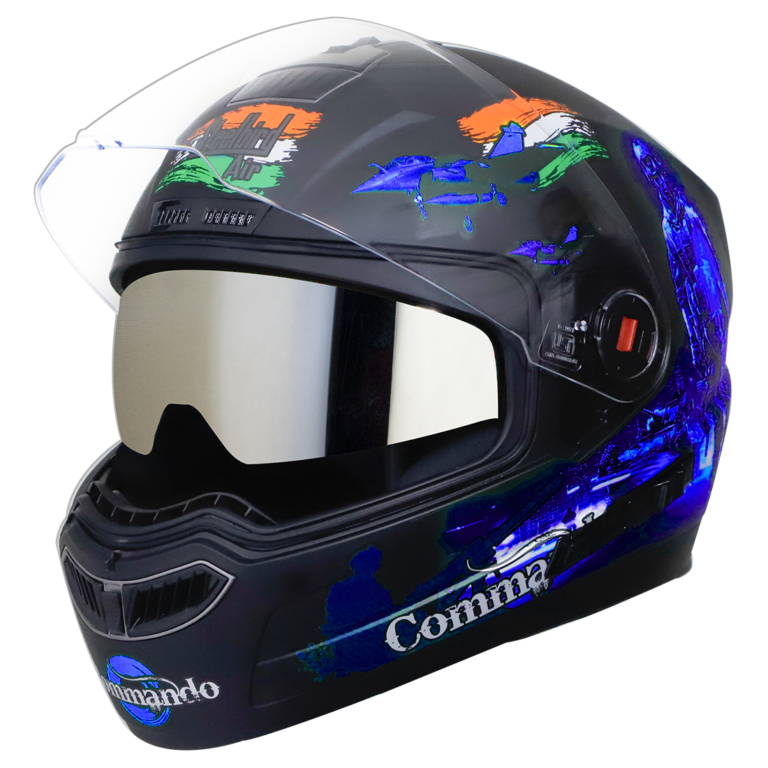 Steelbird SBA-1 Commando Double Visor Full Face Graphics Helmet, Inner Silver Sun Shield and Outer Clear Visor (Glossy Black Blue)