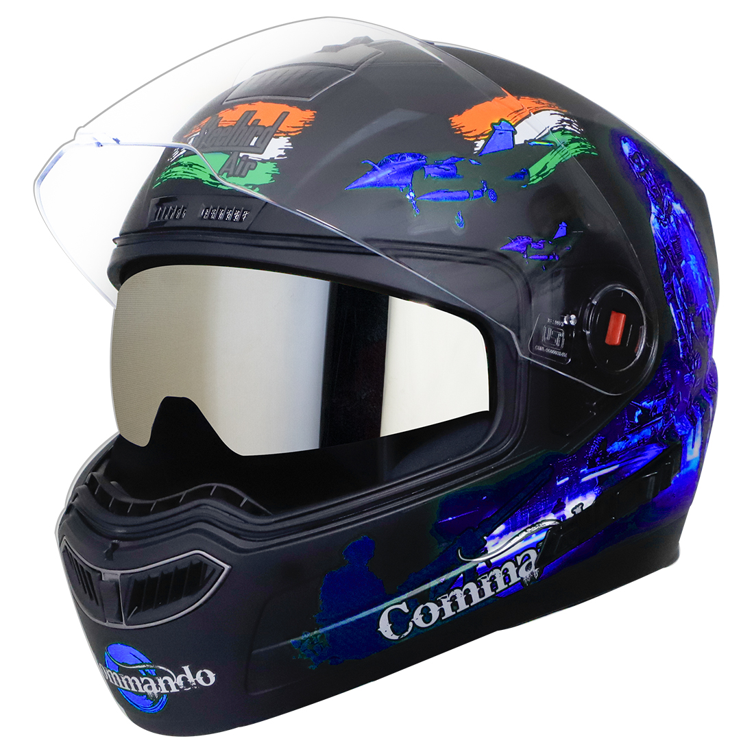 Steelbird SBA-1 Commando Double Visor Full Face Graphics Helmet, Inner Silver Sun Shield And Outer Clear Visor (Glossy Black Blue)