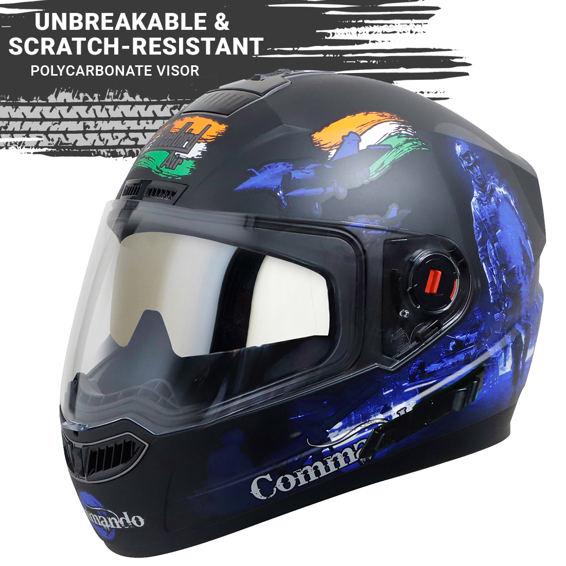 Steelbird SBA-1 Commando Double Visor Full Face Graphics Helmet, Inner Silver Sun Shield And Outer Clear Visor (Glossy Black Blue)