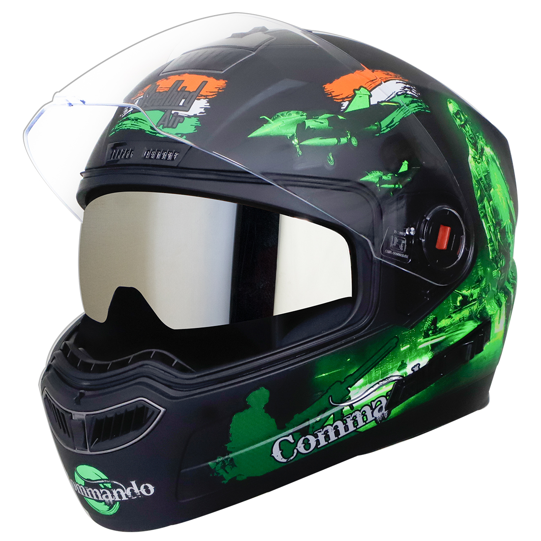 Steelbird SBA-1 Commando Double Visor Full Face Graphics Helmet, Inner Silver Sun Shield And Outer Clear Visor (Glossy Black Green)