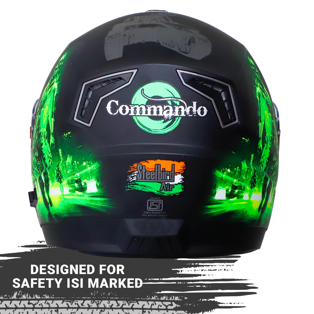 Steelbird SBA-1 Commando Double Visor Full Face Graphics Helmet, Inner Silver Sun Shield And Outer Clear Visor (Glossy Black Green)