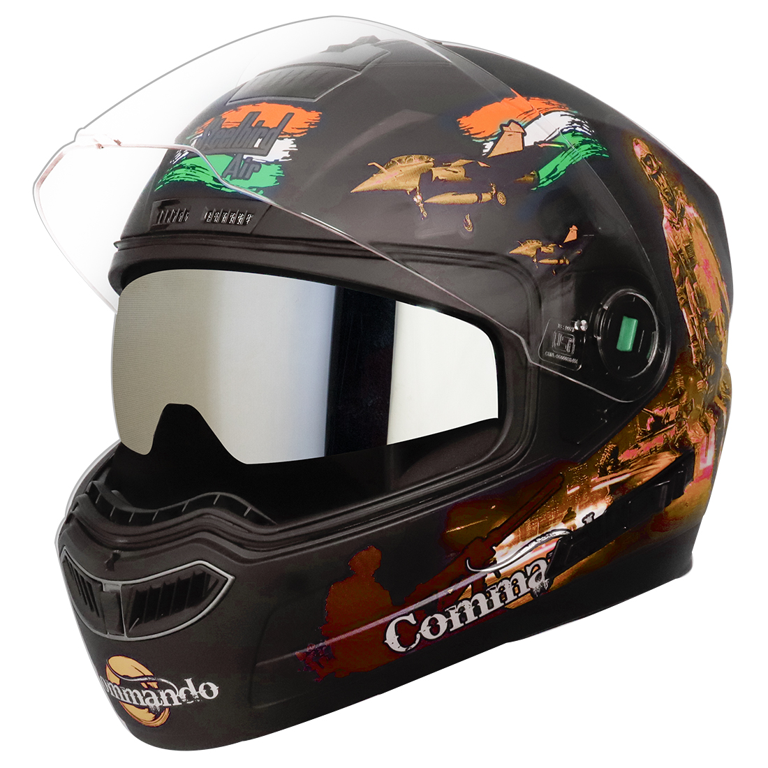 Steelbird SBA-1 Commando Double Visor Full Face Graphics Helmet, Inner Silver Sun Shield And Outer Clear Visor (Glossy Black Orange)