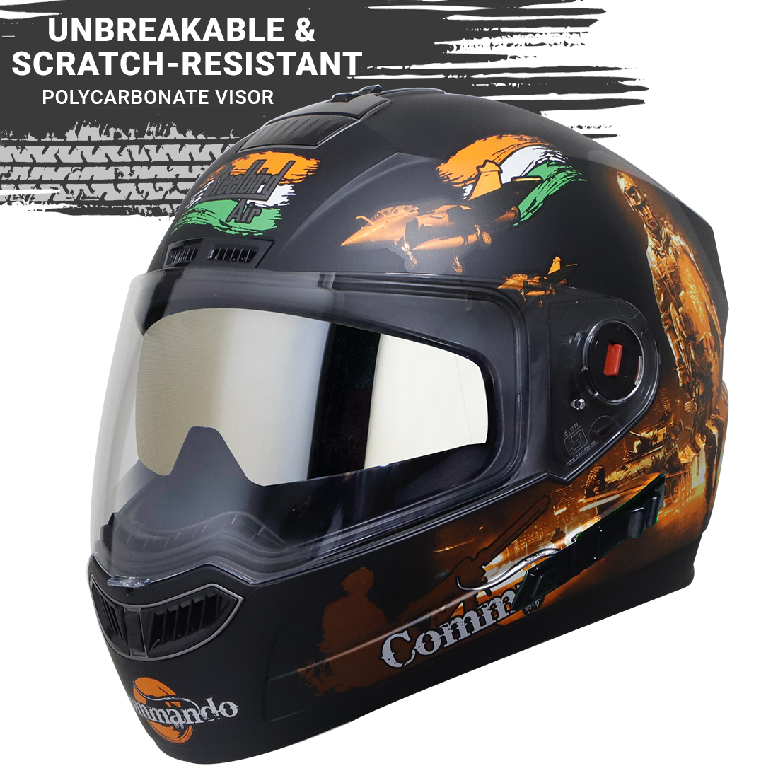 Steelbird SBA-1 Commando Double Visor Full Face Graphics Helmet, Inner Silver Sun Shield And Outer Clear Visor (Glossy Black Orange)