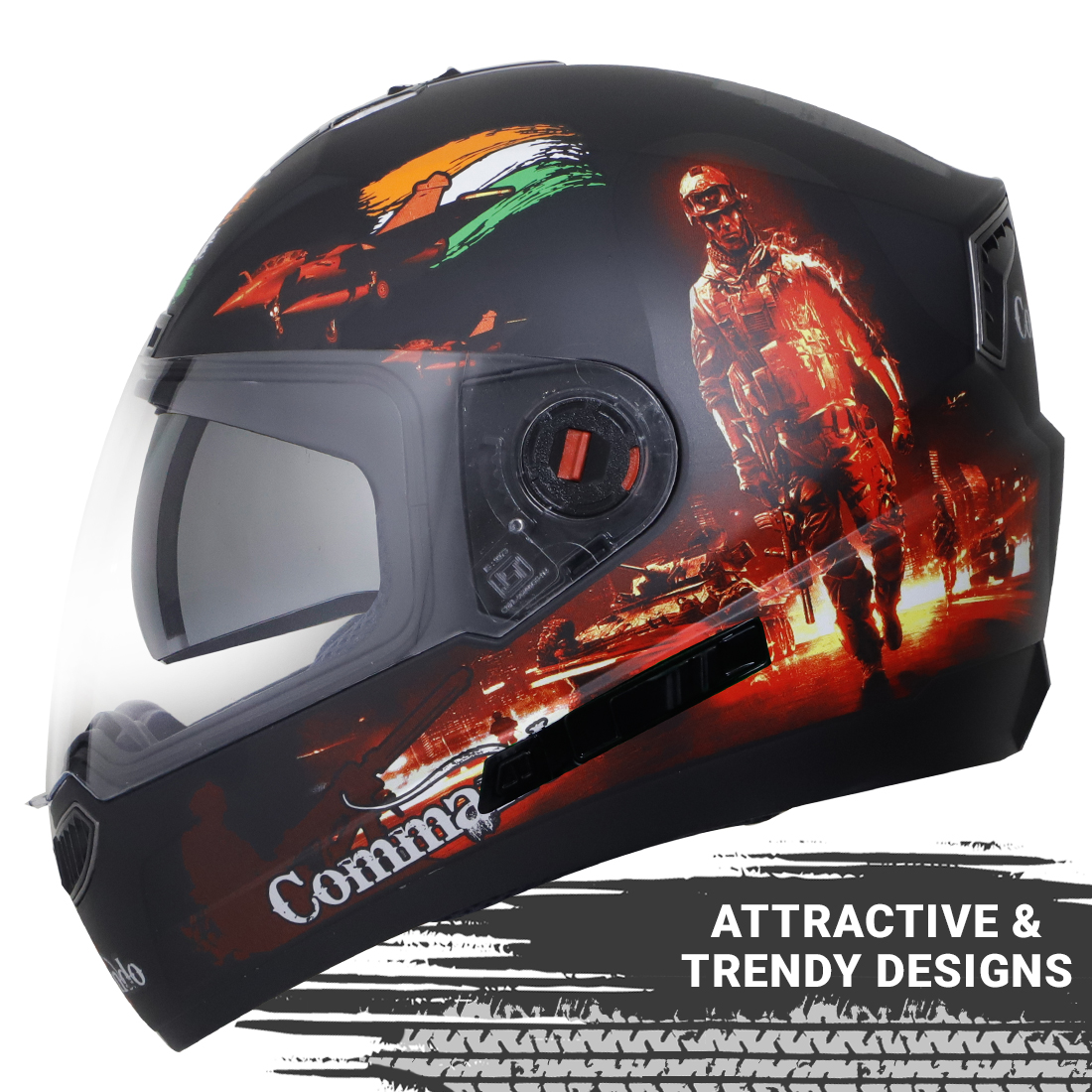Steelbird SBA-1 Commando Double Visor Full Face Graphics Helmet, Inner Silver Sun Shield And Outer Clear Visor (Glossy Black Red)