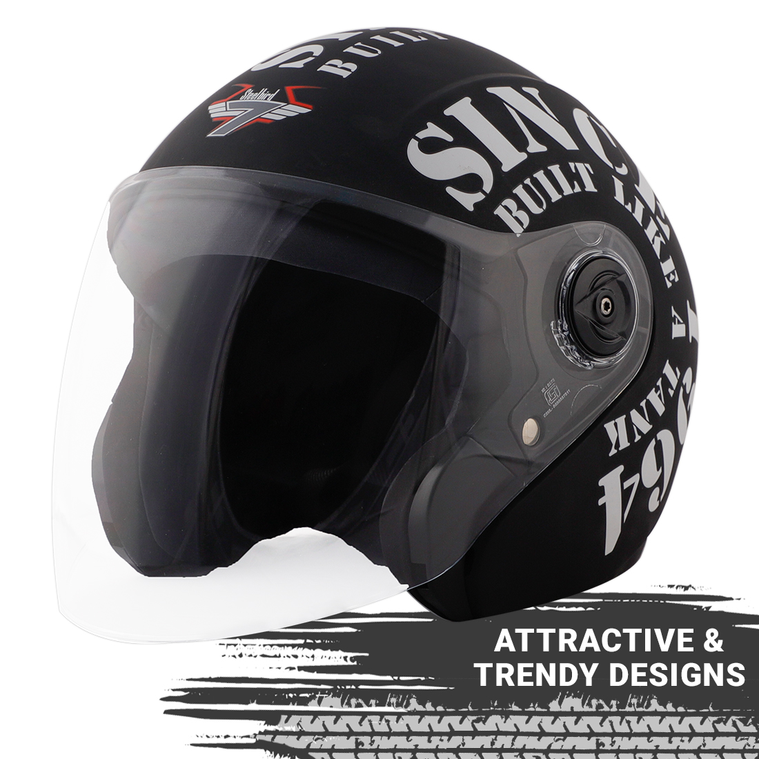 Steelbird SB-43 Yoyo Tank Open Face Graphic Helmet (Matt Black White With Clear Visor)