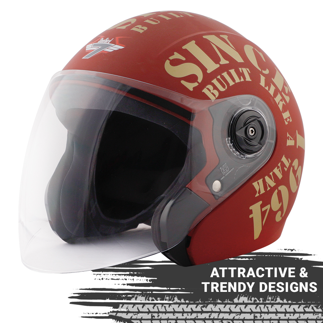 Steelbird SB-43 Yoyo Tank Open Face Graphic Helmet (Matt Maroon Gold With Clear Visor)